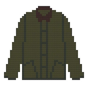 May include: A pixelated illustration of a green jacket with a dark brown collar and vertical dark green stripes. The jacket has long sleeves and a button-up front. The design is simple and geometric, with a focus on the color and shape.
