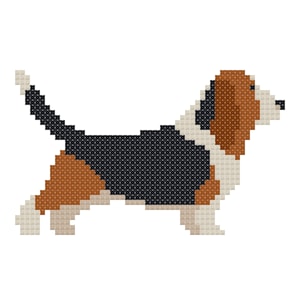May include: A pixelated illustration of a Basset Hound dog in a side profile. The dog features a black body, brown ears and patches, and white accents. The image is created with a cross-stitch style, giving it a textured appearance.