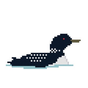 May include: Pixelated illustration of a loon swimming in water. The bird is primarily dark blue with white accents and a red eye. The beak is a muted brown, and the water is light blue.