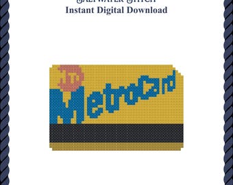 May include: A cross-stitch pattern featuring a yellow MetroCard design with blue text, a pink circular logo, and a black magnetic stripe at the bottom. The text reads Saltwater Stitch Instant Digital Download at the top of the image.