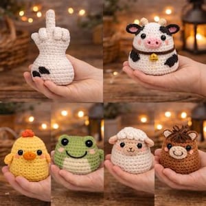 Wzór na szydełkowe dwustronne zwierzątka gospodarskie w formacie PDF, zestaw amigurumi do odwrócenia, 1 podstawa + 6 muszelek do wymiany, natychmiastowe pobranie