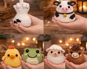 Omkeerbaar haakpatroon boerderijdieren pdf, speelgoed amigurumi-bundel om te draaien, 1 basis + 6 verwisselbare schelpen, direct downloaden