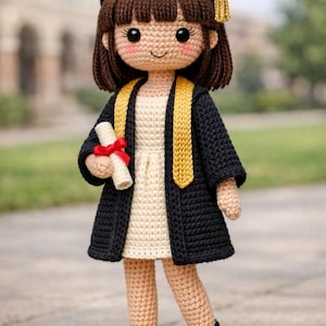 Peut inclure: Poupée crochetée portant une tenue de remise de diplôme. La poupée porte une toque et une robe noires avec un gland et une écharpe dorés. Elle tient un diplôme roulé et attaché avec un ruban rouge. La poupée a des cheveux bruns et des chaussures noires.