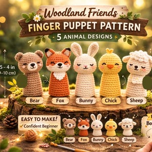 Patrón de crochet para marioneta de dedo del bosque: 5 diseños de animales (descarga en PDF)