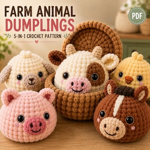 以下が含まれることがあります： FARM ANIMAL DUMPLINGS 5-IN-1 CROCHET PATTERNというタイトルのPDFかぎ針編みパターン。ピンクの豚、クリーム色の羊、茶色と白の牛、黄色いひよこ、茶色の馬という、丸いぬいぐるみのような5種類の農場の動物が描かれています。