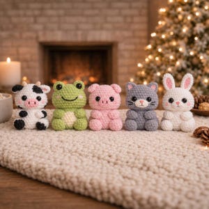 Schema PDF per realizzare all'uncinetto un animale, set amigurumi 5 in 1: coniglio, gatto, maiale, rana, mucca, modello per peluche.