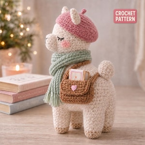 Amigurumi Llama Pattern, Crochet Llama PDF, Cozy Bookshop Llama with Beret Scarf Satchel