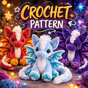 Może przedstawiać: Trzy szydełkowe zabawki w kształcie smoka w kolorze czerwonym, niebieskim i fioletowym. Każdy smok ma skrzydła, biały grzebień i duże oczy. Obraz zawiera tekst "CROCHET PATTERN" w kolorze żółtym i fioletowym.