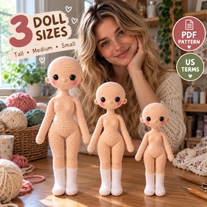 May include: Three crochet dolls in tall, medium, and small sizes, each featuring a light beige body, white feet, round heads with black eyes, and pink cheeks. Text on the image reads 3 DOLL SIZES, Tall, Medium, Small, PDF PATTERN, and US TERMS.