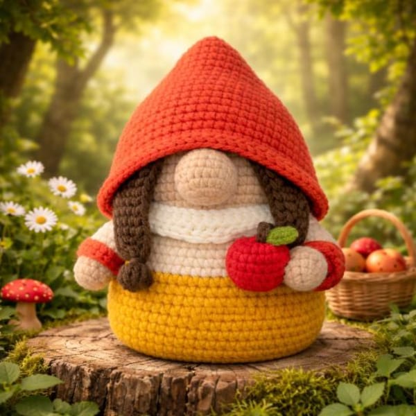 Patrón de ganchillo de gnomo manzana en PDF, patrón de gnomo de cuento, gnomo amigurumi de otoño, descarga digital