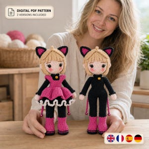 Cat Girl Doll Crochet Pattern | Sakura Amigurumi Doll Tutorial with Removable Pink Dress | English French Spanish PDF | DIY Plush Toy