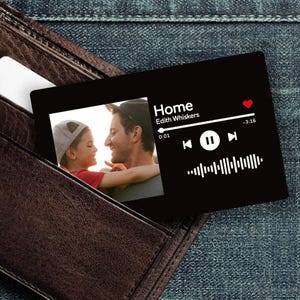 May include: A black card with a photo of a person and a child, resembling a music player interface. The card displays the song title "Home" by Edith Whiskers, a red heart icon, and a play/pause button. The card is placed in a brown leather wallet.