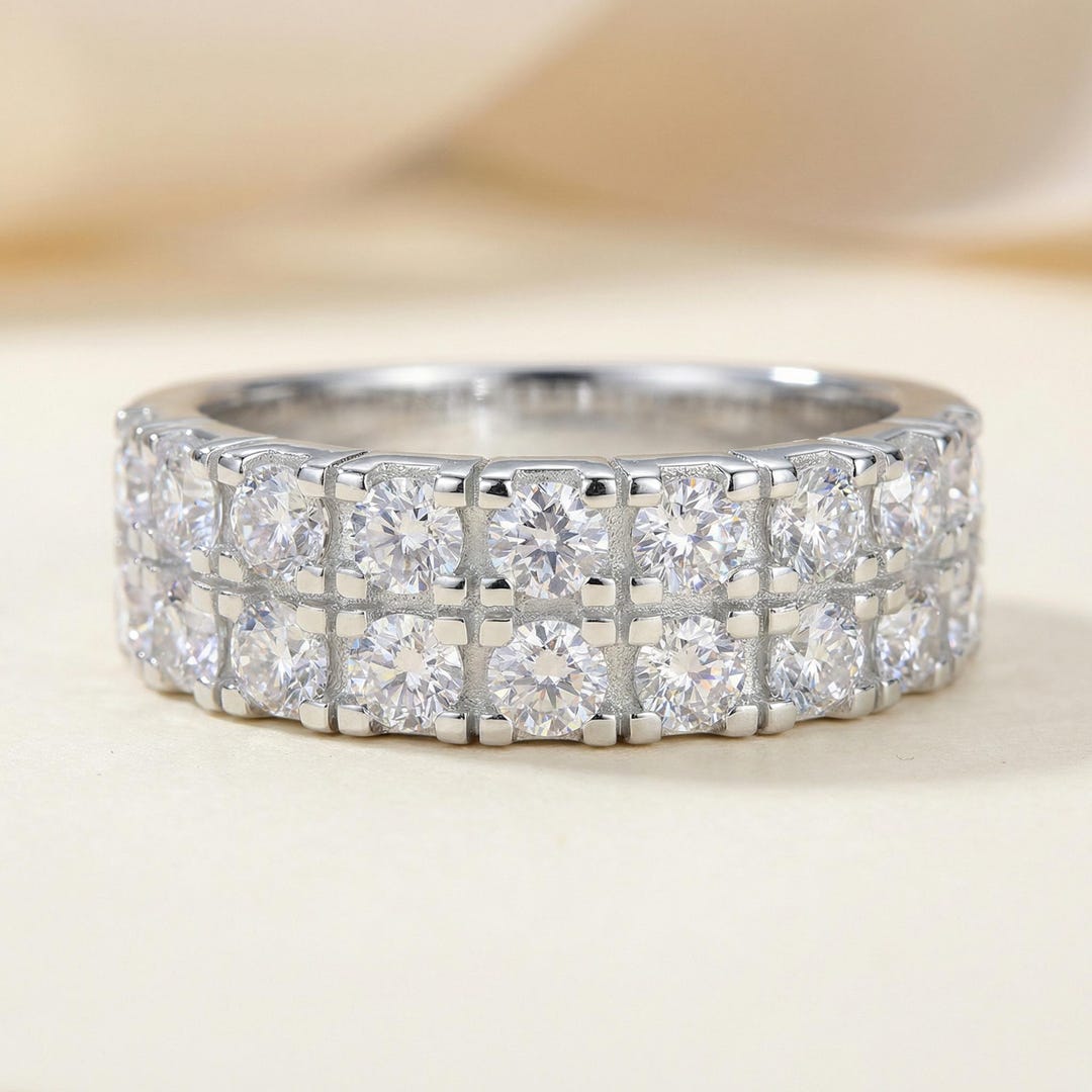 Moissanite Half Eternity Ring Sterling Silver Double Row Wedding Band ...
