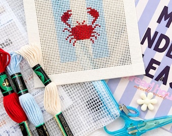 Crab Beginner Needlepoint Kit – Striped crab, Hand-Painted 13 Mesh Canvas, Everything You Need