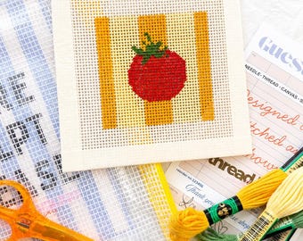 Tomato Beginner Needlepoint Kit – Striped tomato, Hand-Painted 13 Mesh Canvas, Everything You Need