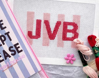 Personalized Beginner Needlepoint Kit (Next Step) – 3 Letter Monogram, Hand-Painted Mesh Canvas, Complete Kit
