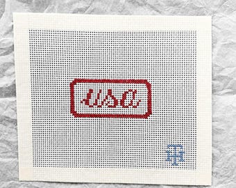 USA Mechanic Patch Needlepoint Canvas | Hand-Painted Americana Needlepoint | Vintage Name Tag Style | Patriotic Needlepoint Canvas