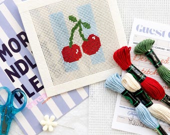 Cherry Beginner Needlepoint Kit – Striped cherry, Hand-Painted 13 Mesh Canvas, Everything You Need