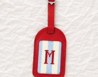 Monogram Needlepoint Luggage Tag Canvas & Vegan Leather Tag | Hand-Painted 13 Mesh Canvas | Self-Finishing Needlepoint Project