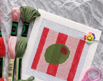 Olive Beginner Needlepoint Kit – Striped olive, Hand-Painted 13 Mesh Canvas, Everything You Need