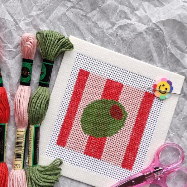 Olive Beginner Needlepoint Kit – Striped olive, Hand-Painted 13 Mesh Canvas, Everything You Need