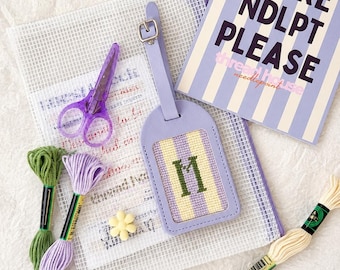 Striped Needlepoint Luggage Tag Kit | Personalized Canvas + Vegan Leather Tag