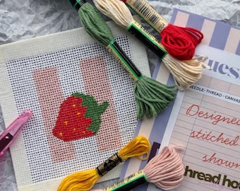 Strawberry Beginner Needlepoint Kit – Easy, Hand-Painted 13 Mesh Canvas, Everything You Need