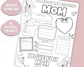 Hoja de actividades "Todo sobre mamá", página para colorear para niños del Día de la Madre (descarga instantánea)