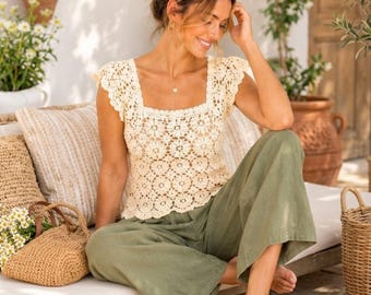 Floral Crochet Lace Top Pattern PDF, Square Neck Shell Top, Flutter Sleeve Summer Crochet Top, Motif Crochet Pattern, Instant Download