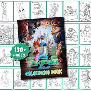 Może przedstawiać: Kolorowanka Zootopia 2 z kolorowym plakatem filmowym na okładce przedstawiającym różne postacie, w tym lisa i królika, oraz napis 130+ PAGES. Tło ukazuje siatkę czarno-białych stron do kolorowania z rysunkami liniowymi.
