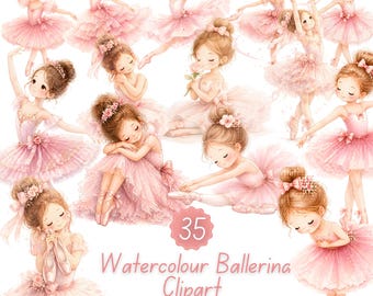 Paquete de imágenes prediseñadas de bailarinas en acuarela, bailarinas de ballet rosas en formato PNG (descarga digital)