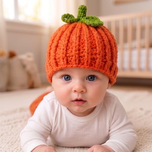Op de afbeelding: Een feloranje gehaakte muts ontworpen als een pompoen, met een geribbelde textuur en een klein groen steeltje met twee blaadjes aan de bovenkant. De muts wordt gedragen door een baby die een effen wit shirt met lange mouwen draagt.