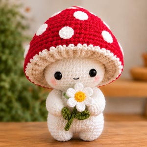 May include: A crochet mushroom doll with a large red cap featuring white spots and a cream-colored underside. The doll has a white body, black bead eyes, pink cheeks, and a small smile, holding a white daisy flower with a yellow center.