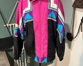 Coupe-vent vintage 80s 90s Lavon Colorblock : rose vif, bleu sarcelle, noir