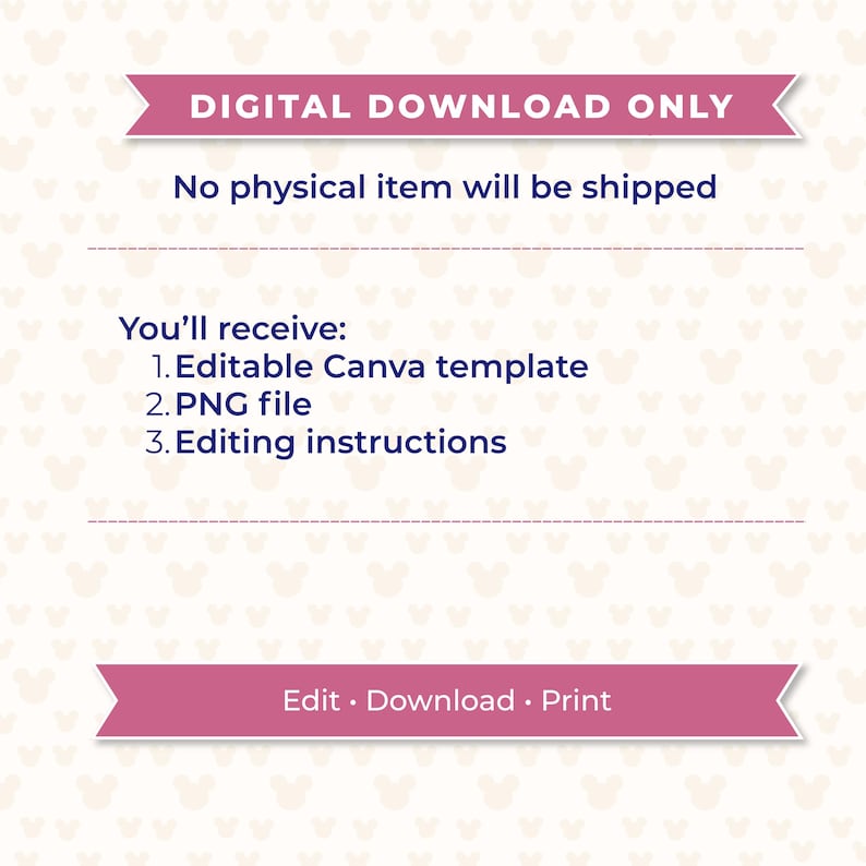 May include: A digital download template featuring a pink banner with the text DIGITAL DOWNLOAD ONLY, followed by the text No physical item will be shipped. It lists three items: 1. Editable Canva template, 2. PNG file, 3. Editing instructions.