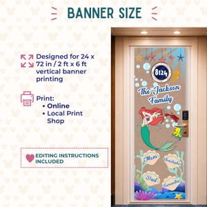 May include: A vertical door banner design measuring 61 x 183 cm, featuring a mermaid, a crab, and a fish. The banner includes a porthole with the number 8124, the text The Jackson Family, and four seashell graphics labelled Mom, Dad, Christopher, and Samantha.