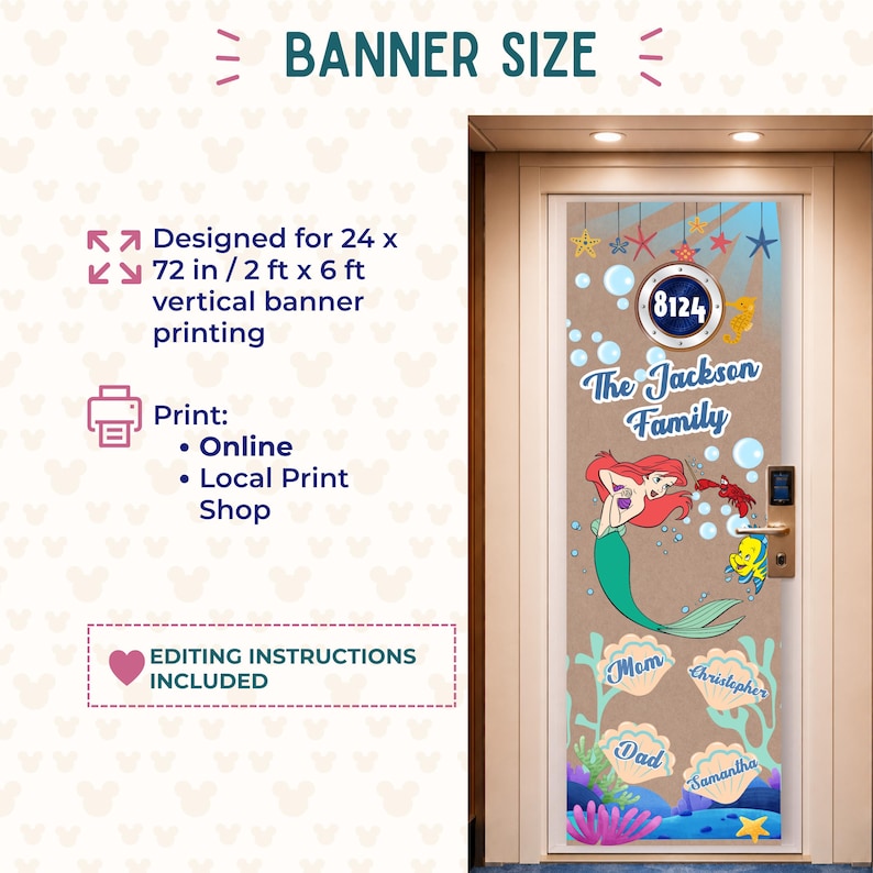 May include: A vertical door banner design measuring 61 x 183 cm, featuring a mermaid, a crab, and a fish. The banner includes a porthole with the number 8124, the text The Jackson Family, and four seashell graphics labelled Mom, Dad, Christopher, and Samantha.