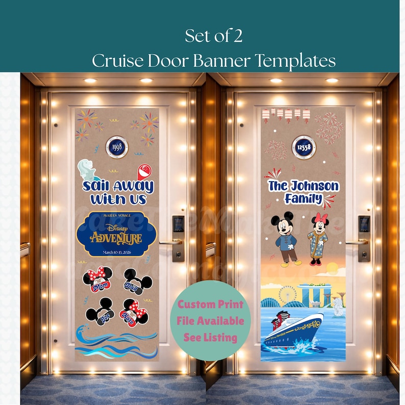 Two cruise door banner images with a teal header. Image says that these are banner templates