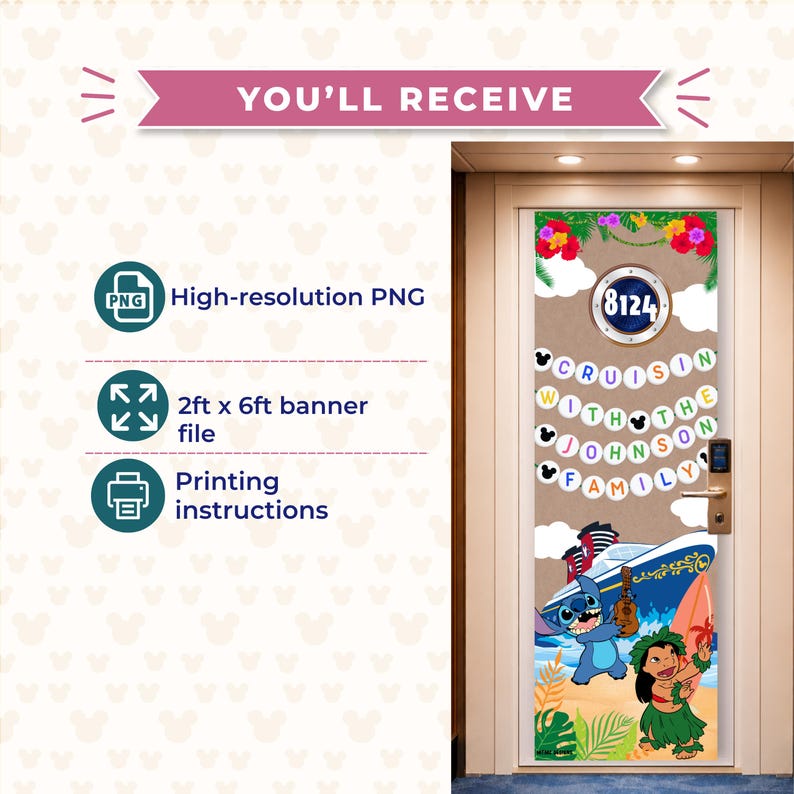 Puede incluir: Decoraci&oacute;n de puerta con tem&aacute;tica de crucero con el texto "Cruisin' with the Johnson Family". El dise&ntilde;o incluye a Stitch, Lilo, un crucero y flores tropicales. Incluye un PNG de alta resoluci&oacute;n, un archivo de banner de 61 cm x 183 cm e instrucciones de impresi&oacute;n.