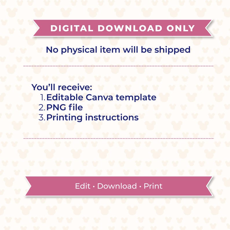 May include: A digital download announcement with a pink banner that reads "DIGITAL DOWNLOAD ONLY." The text below states, "No physical item will be shipped." The image lists what you'll receive: an editable Canva template, a PNG file, and printing instructions. The bottom banner says "Edit &bull; Download &bull; Print."