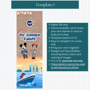 Teal header on white background with white text. Template 1 shows the picture of two cartoon characters against a city skyline and a ship in the foreground.