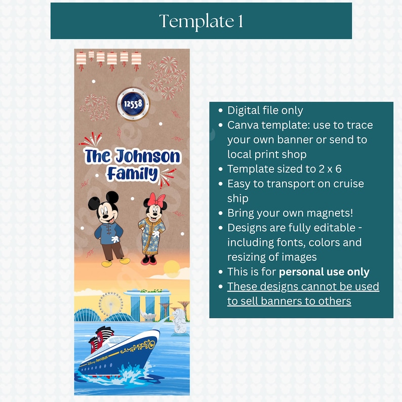 Teal header on white background with white text. Template 1 shows the picture of two cartoon characters against a city skyline and a ship in the foreground.