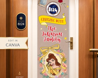 Disney Cruise Door Banner | Beauty and the Beast | Belle Cruise Stateroom Decor | Editable Canva Template