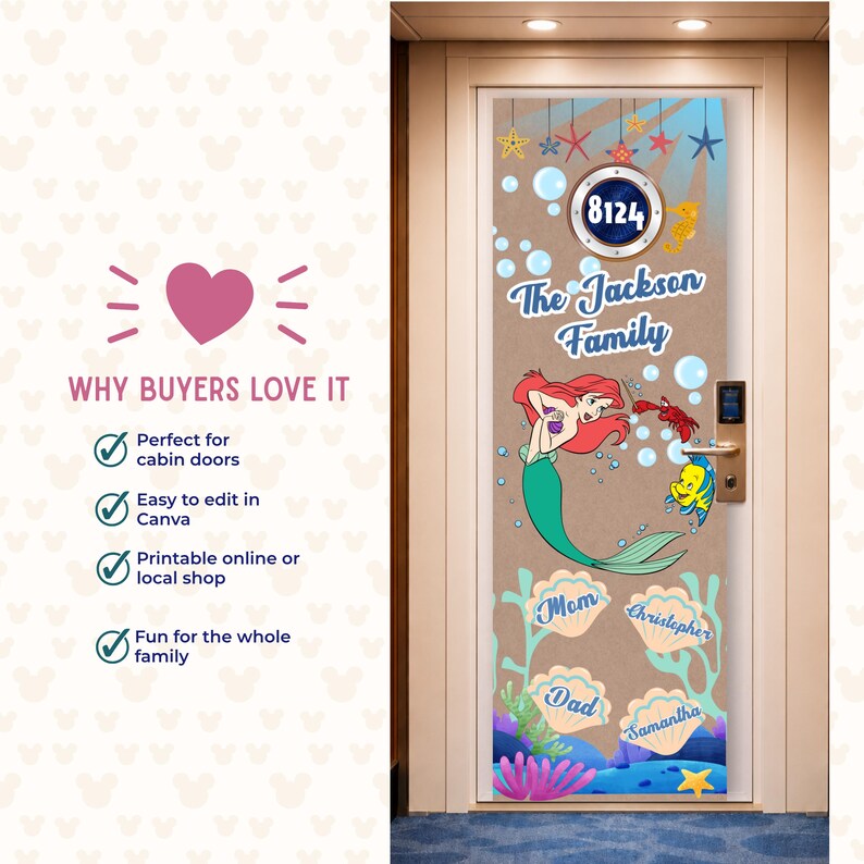 May include: A vertical door cover featuring a mermaid with red hair and a green tail, a crab, and a yellow fish. The design includes a porthole with the number 8124, the text The Jackson Family, and four seashells labelled Mom, Dad, Christopher, and Samantha.