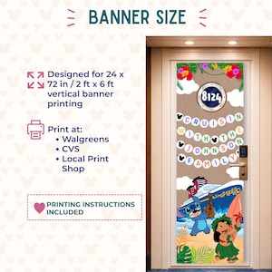 Puede incluir: Un banner para puerta con tem&aacute;tica tropical, con Stitch y Lilo. El banner est&aacute; dise&ntilde;ado para impresi&oacute;n vertical de 61 x 183 cm e incluye el texto "Cruisin' with the Johnson Family". El banner tambi&eacute;n incluye el n&uacute;mero 8124.