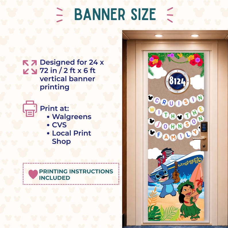 Puede incluir: Un banner para puerta con tem&aacute;tica tropical, con Stitch y Lilo. El banner est&aacute; dise&ntilde;ado para impresi&oacute;n vertical de 61 x 183 cm e incluye el texto "Cruisin' with the Johnson Family". El banner tambi&eacute;n incluye el n&uacute;mero 8124.