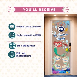 May include: A 61cm x 183cm door banner featuring a mermaid graphic, sea creatures, and the text 'The Jackson Family' with customisable name slots in seashells. Includes an editable Canva template, high-resolution PNG file, and editing instructions.