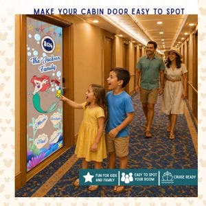 May include: A rectangular cruise ship cabin door magnet featuring a Little Mermaid theme with the text "MAKE YOUR CABIN DOOR EASY TO SPOT", "The Jackson Family", "8124", "Mom", "Dad", "Christopher", and "Samantha" alongside colourful underwater graphics.