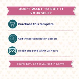 May include: A graphic with text and icons. The text reads "DON'T WANT TO EDIT IT YOURSELF?" followed by options: "Purchase this template," "Add the personalization add-on," and "I'll edit and send within 24 hours." It also says "Prefer DIY? Edit it yourself in Canva."
