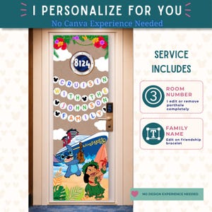 Puede incluir: Decoraci&oacute;n de puerta personalizada con tem&aacute;tica de crucero, con el texto "Cruisin' with the Johnson Family". El dise&ntilde;o incluye un barco, los personajes Stitch y Lilo, y el n&uacute;mero 8124. El texto "I Personalize for You" est&aacute; en la parte superior.